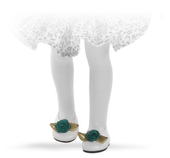 Туфли белые с зеленым цветком, для кукол 32 см