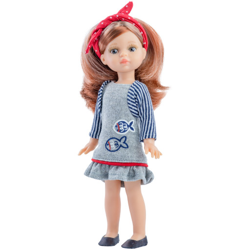 Кукла Паола в платье с рыбками с красной повязкой в горошек, 21 см