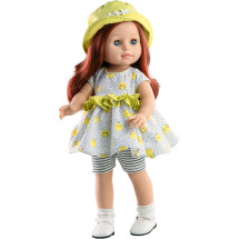 Кукла Soy Tu Бекка в платье с рюшами и желтой панаме, 42 см