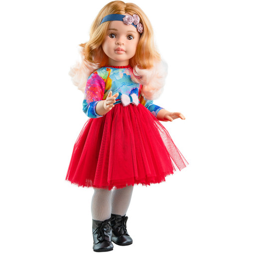 Кукла Марта в красном платье с синей повязкой с розами, шарнирная, 60 см
