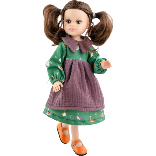 Кукла Ноэлия в зеленом платье с передником, 32 см шарнирная