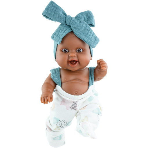 Кукла-пупс Берта в комбинезоне с синим бантом, 22 см, мулатка