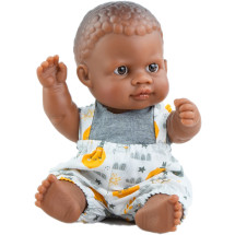 Кукла-пупс Олмо в серой футболке и комбенизоне, 22 см, мулат