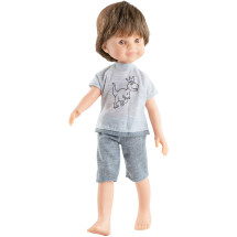 Кукла Дарио шатен, в пижаме с динозавром, 32 см