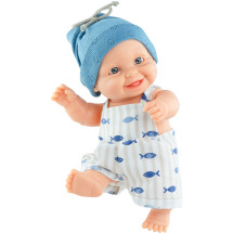 Кукла-пупс Тео в комбинезоне с рыбками и синей шапочке, 22 см