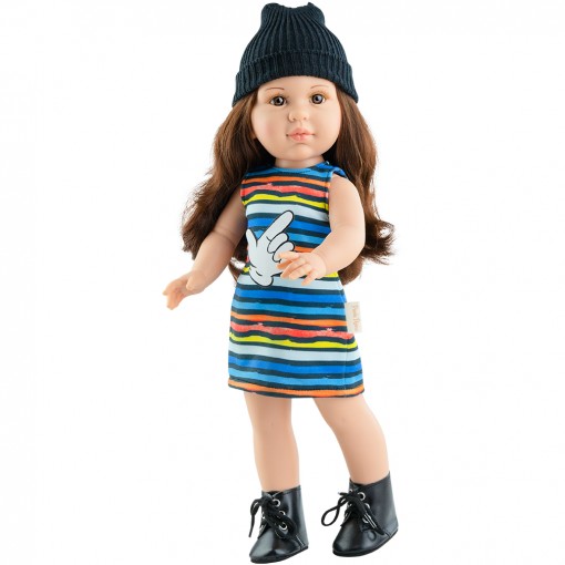 Полосатое платье и черная шапка для кукол 42 см