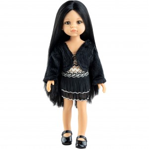 Черное платье-мини и меховой жакет для кукол 32 см