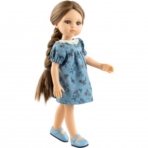 Голубое платье с кружевным воротничком для кукол 32 см