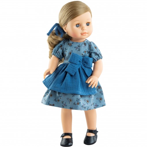 Голубое платье с передником и пушистый бантик для кукол 42 см